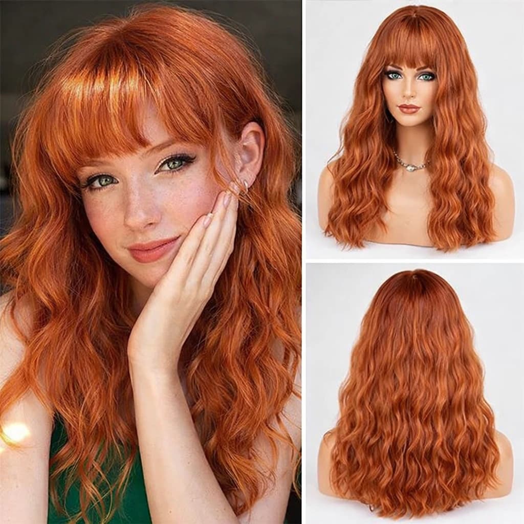 Long wavy orange copper wig with bangs for women natural looking.