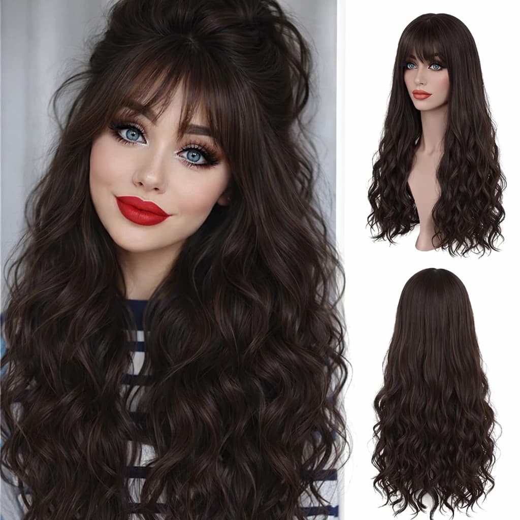 Long wavy dark brown wig with bangs synthetic hair wigs for women fashion natura