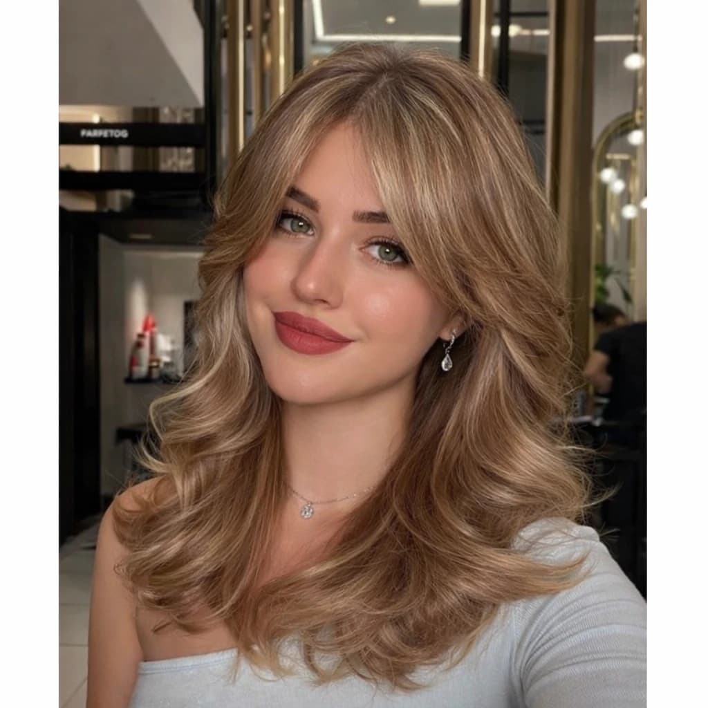 Natural golden brown long wavy wig layered with soft side bangs – stylish wig 