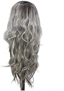 Long wavy wig silver gray with dark roots synthetic hair