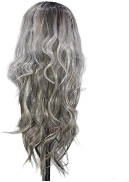 Long wavy silver grey wig with dark roots ombre – wig for women