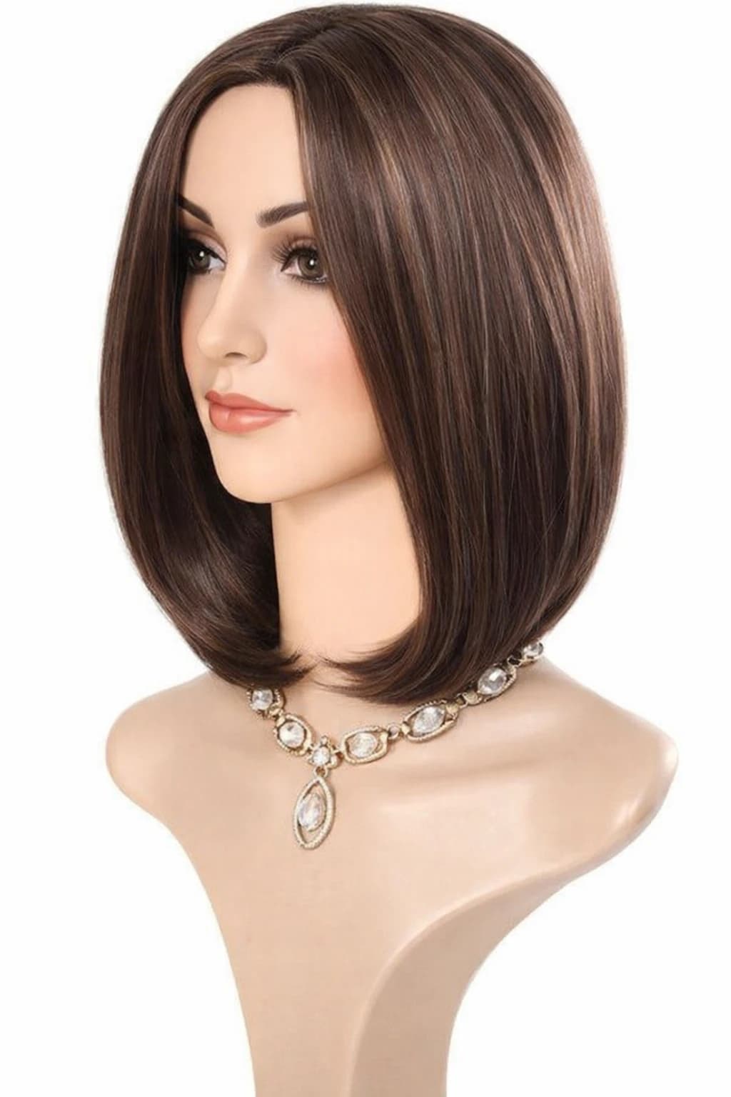 Short straight bob wig in brown with bangs – stylish wig for women.
