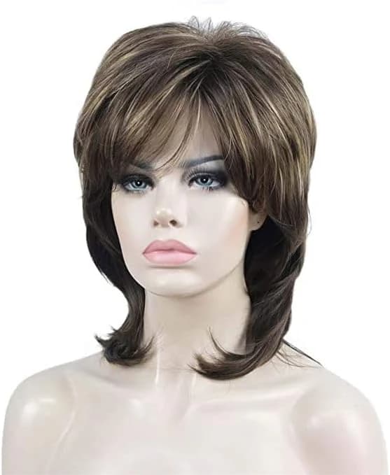 Women's Short Layered Wig Brown Highlight Synthetic Wig with Side Bangs