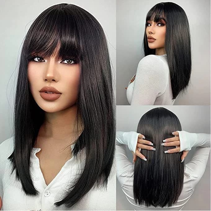 Long Straight Wig with Bangs Black Synthetic Hair Natural Looking for Women