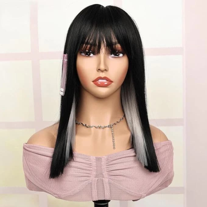 Straight Wig with Bangs, Black with Grey Highlights, Long Synthetic Hair