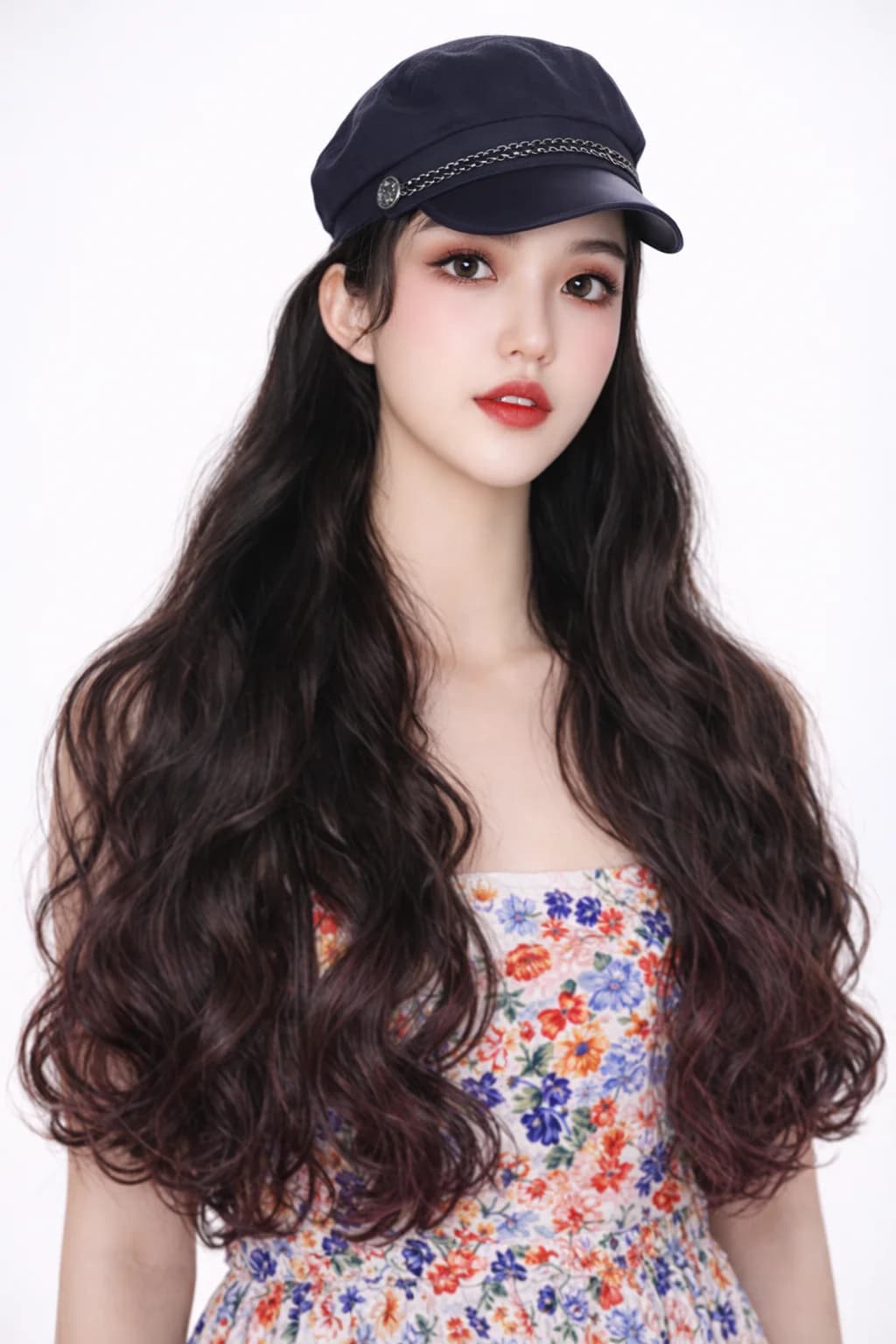 Women Black Captain Cap – Military Beret Style with Leather Strap and Chain