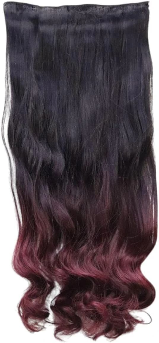 Clip in Hair Extension, Ombre Black to Burgundy, Long Wavy Hair 1 Piece