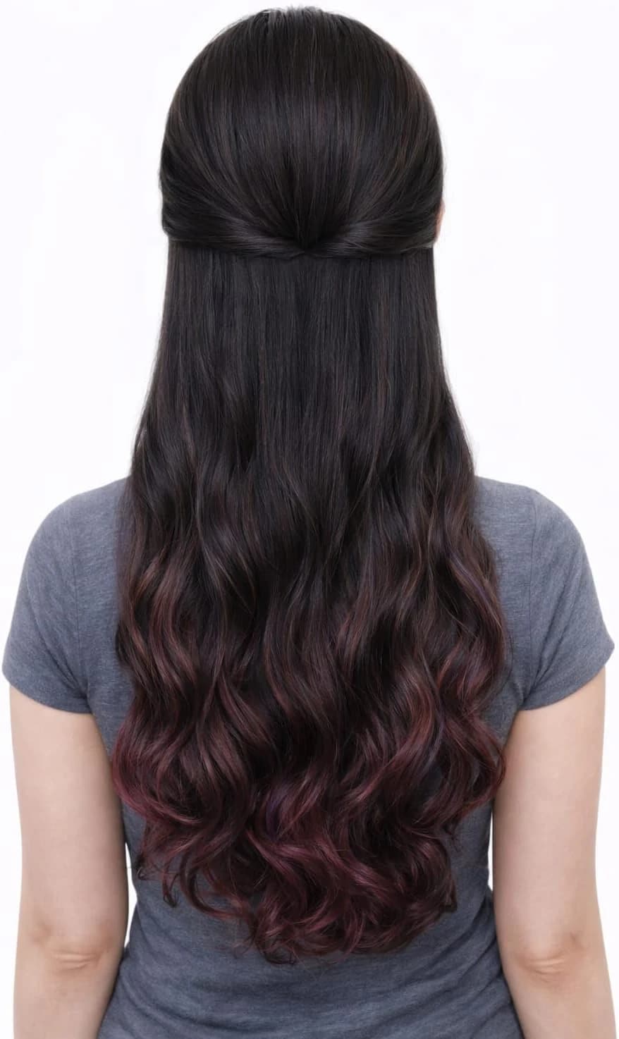 Clip in Hair Extension, Ombre Black to Burgundy, Long Wavy Hair 1 Piece