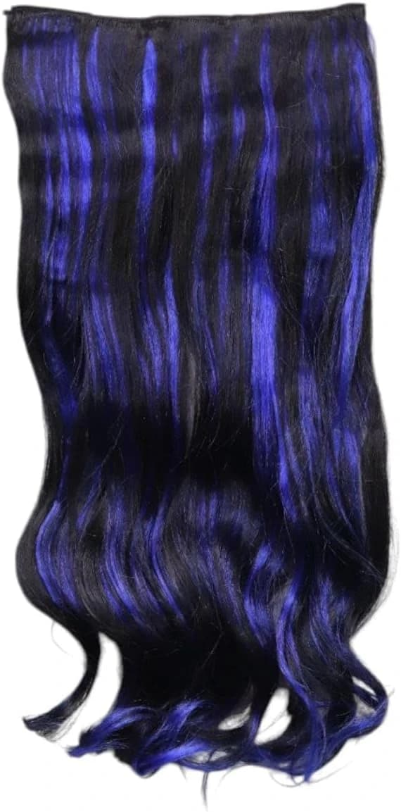 Clip in Hair Extension, Black with Blue Highlights, Long Wavy Hair Extension 
