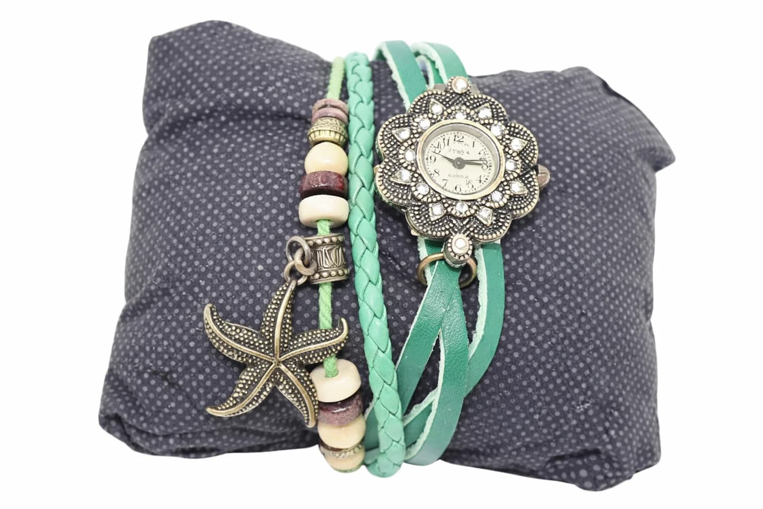 Women's Wrist Watch – Braided Leather Strap, Vintage Flower with Starfish