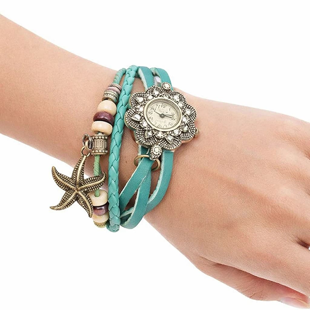 Women's Wrist Watch – Braided Leather Strap, Vintage Flower with Starfish