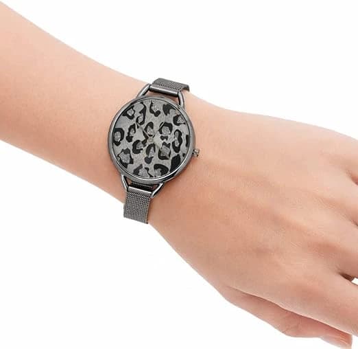 Women's Wrist Watch – Leopard Design, Grey, Mesh Steel Band