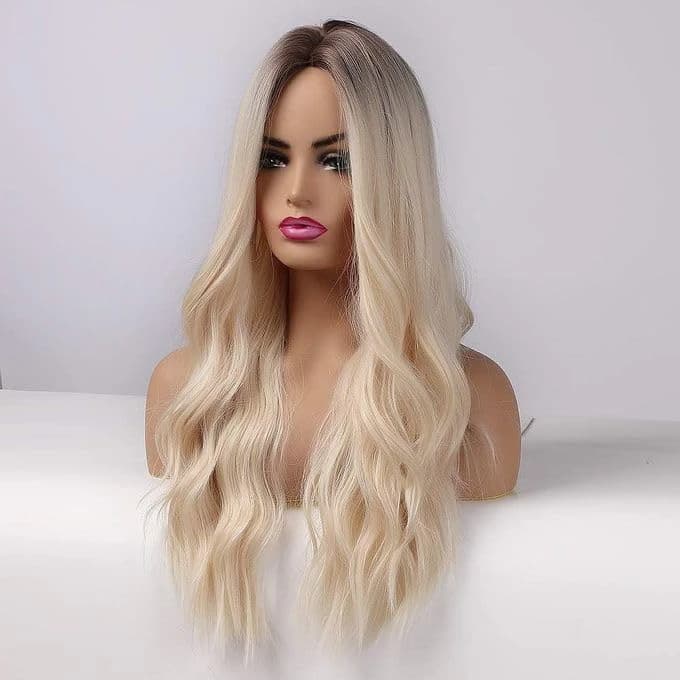 Long Wavy Ombre Blonde Wig with Dark Roots – Synthetic Wig for Women