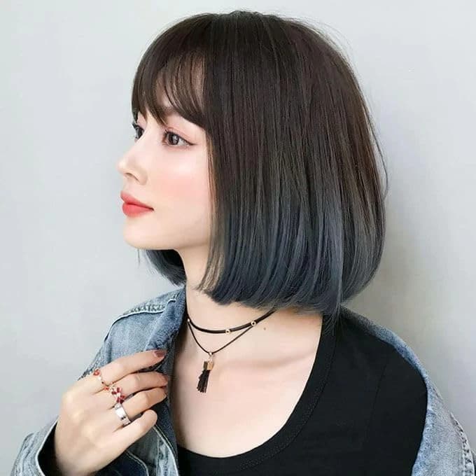 Short Bob Wig – Dark Brown with Blue Ends and Bangs, Synthetic Wig for Women