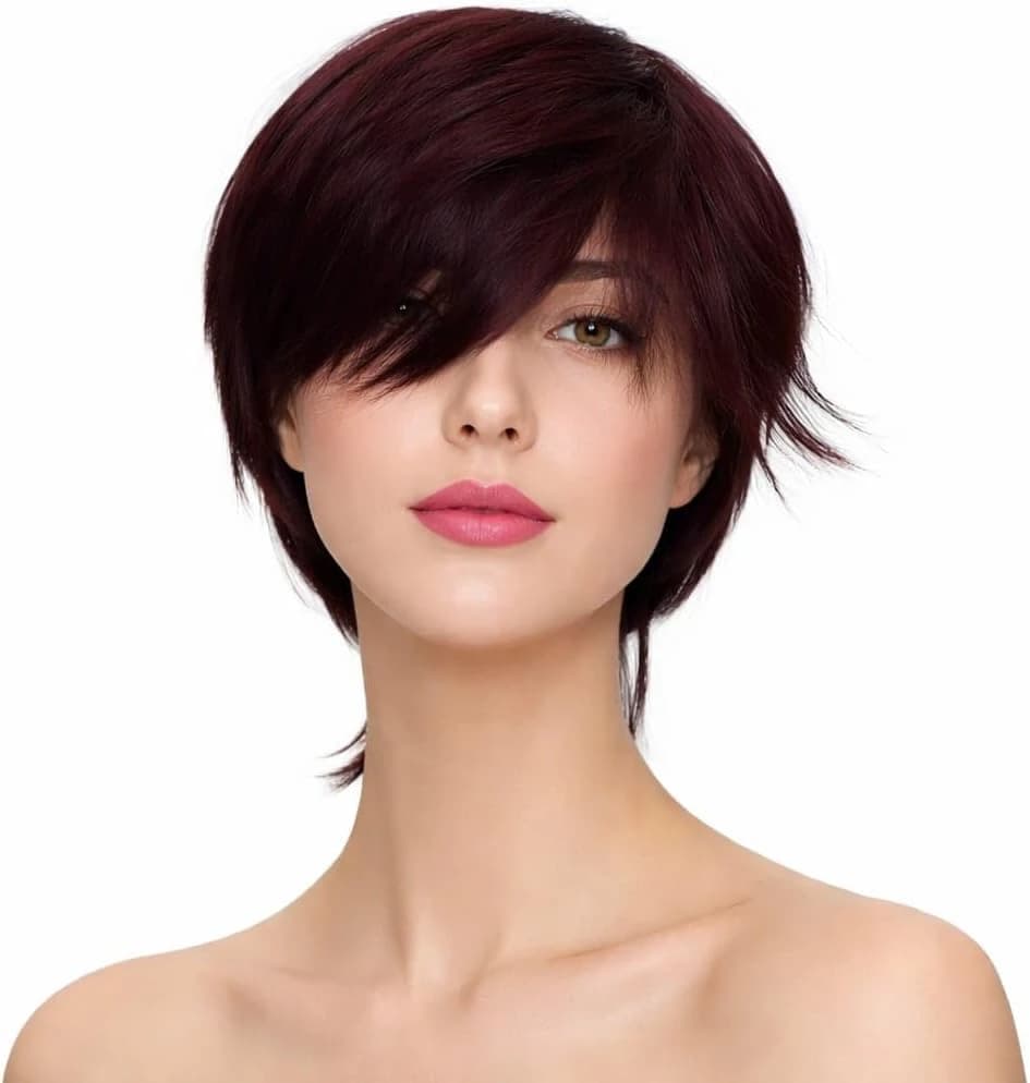 Women's Short Wig – Reddish Brown Bob with Side Bangs, Synthetic Hair