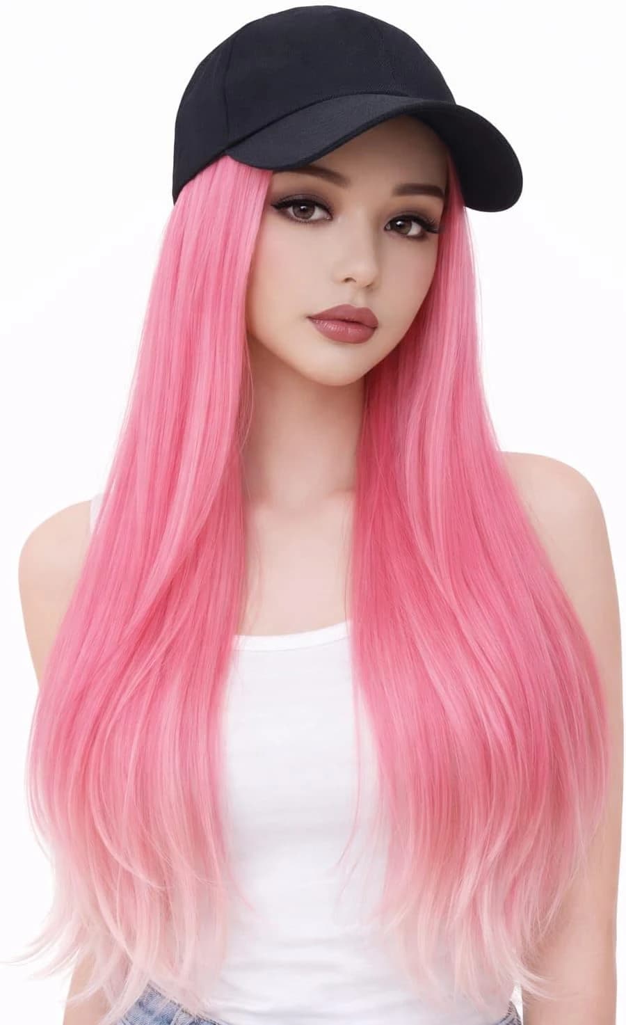 Women's Long Straight Wig – Pink with Black Baseball Cap, Synthetic Hair