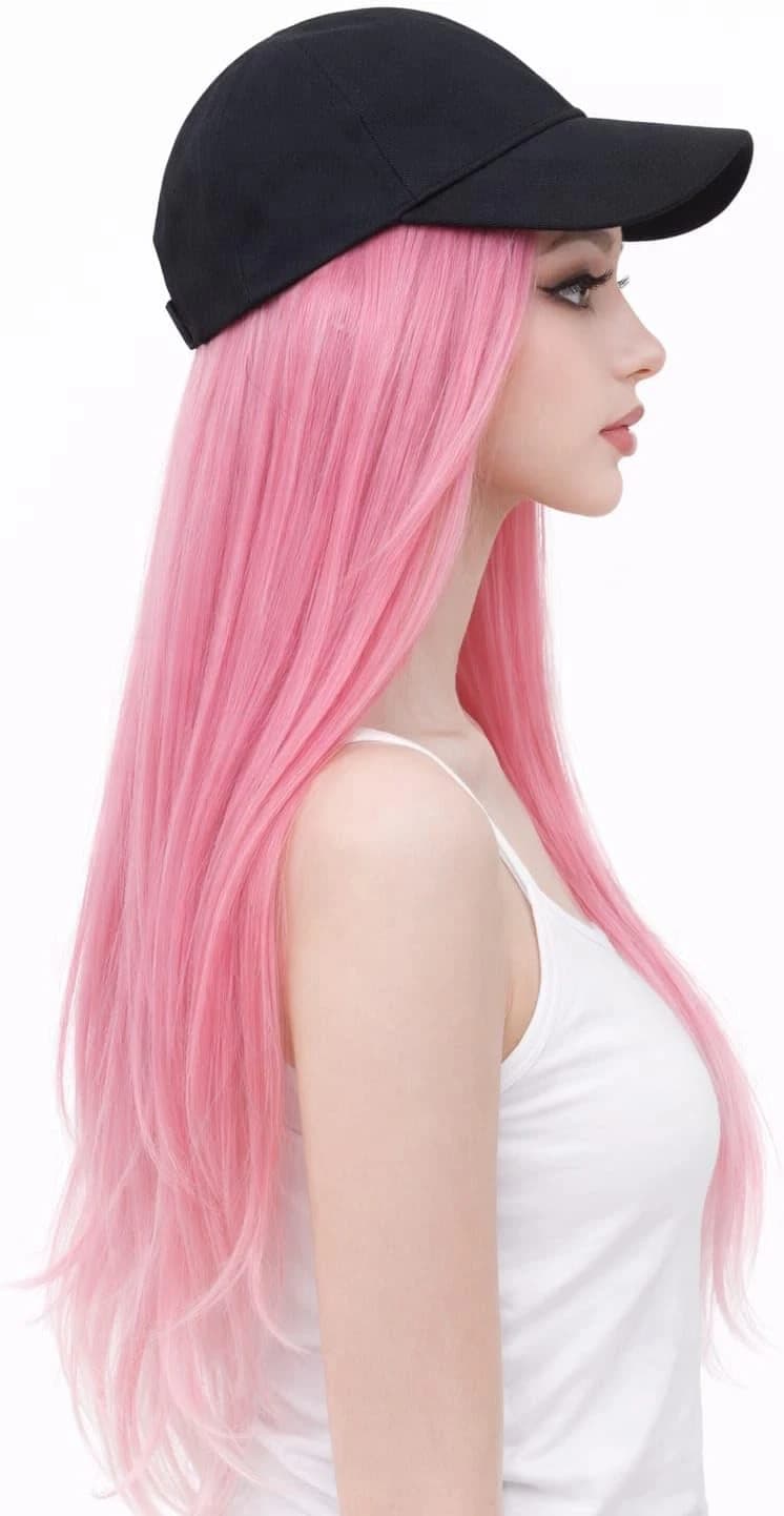 Women's Long Straight Wig – Pink with Black Baseball Cap, Synthetic Hair