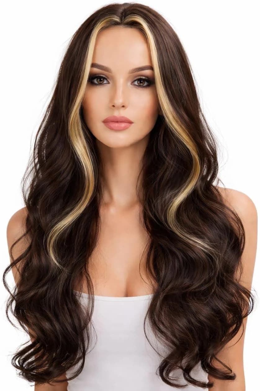 Long Wavy Brown Wig with Blonde Highlights Natural Looking Women Wig