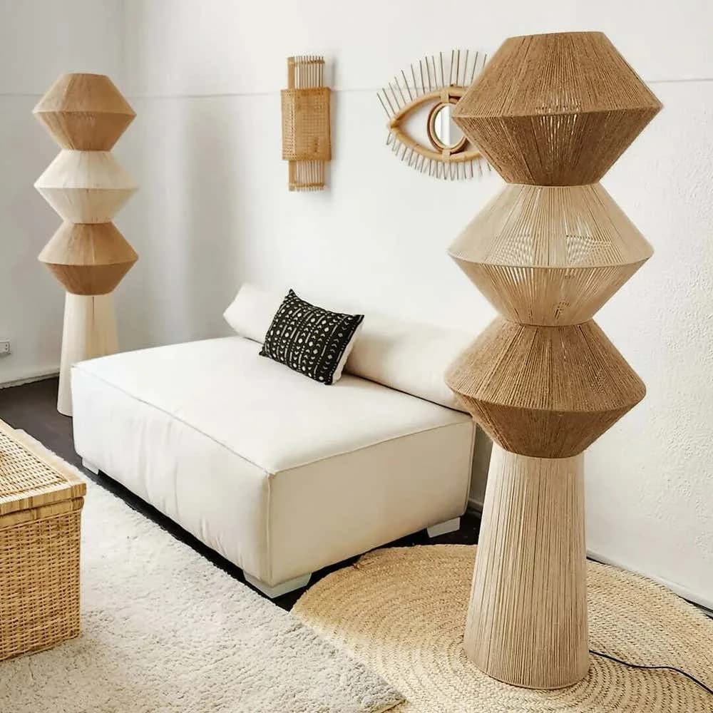 TBS Macrame Threads Boho Floor Lamp, 160 ×35 cm - Beige Off Withe