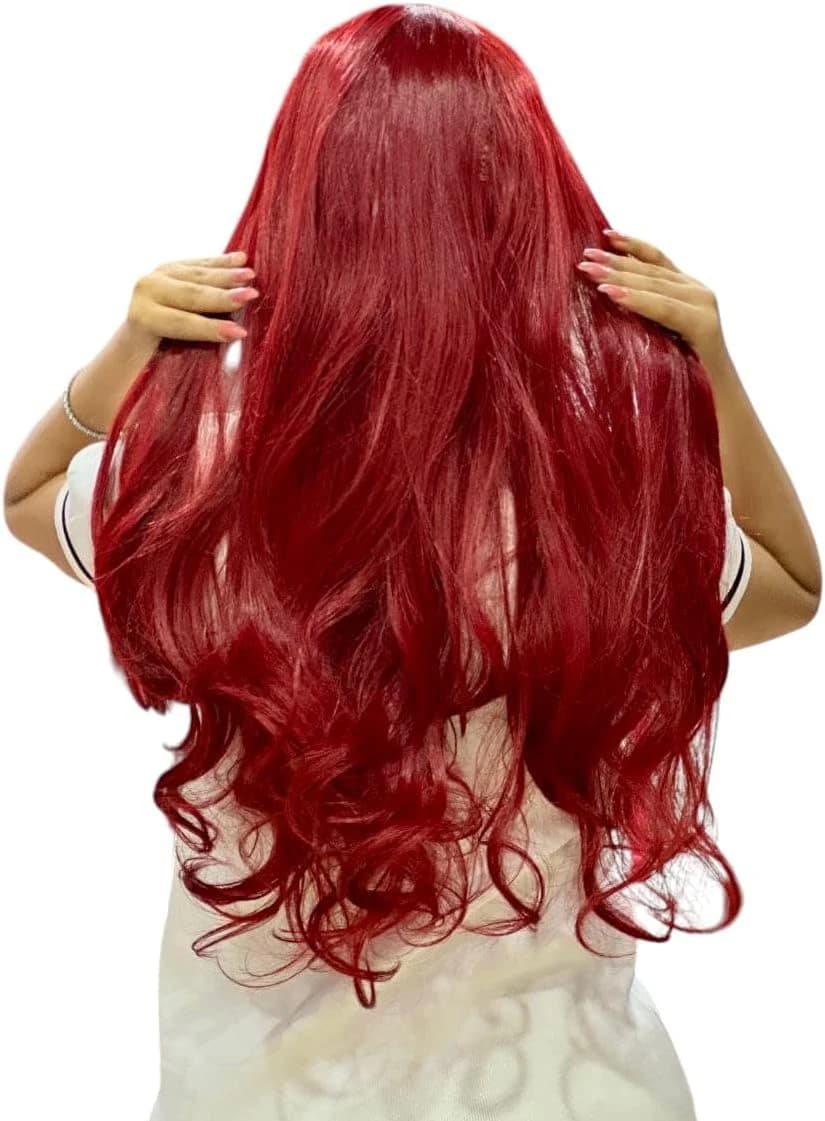 Red Wig with Bangs – Long straight hair, synthetic wigs for women.  