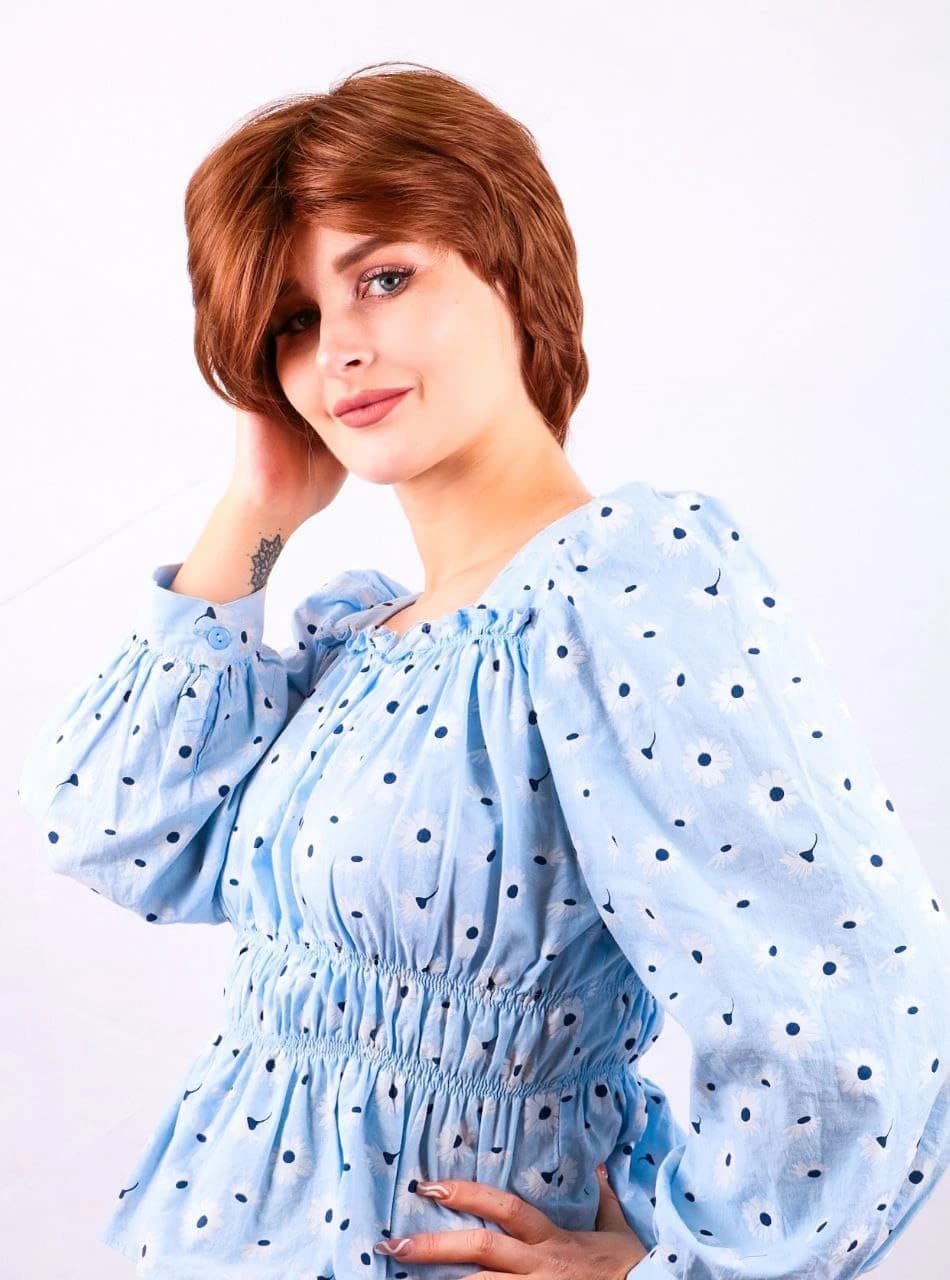 Short Bob Wig – Reddish copper synthetic wig for women with fashion bangs.  