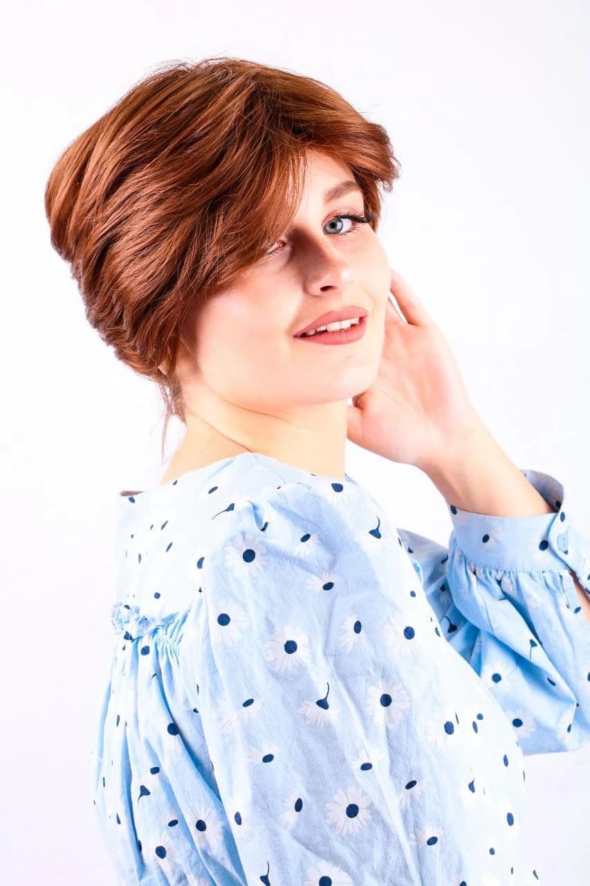 Short Bob Wig – Reddish copper synthetic wig for women with fashion bangs.  