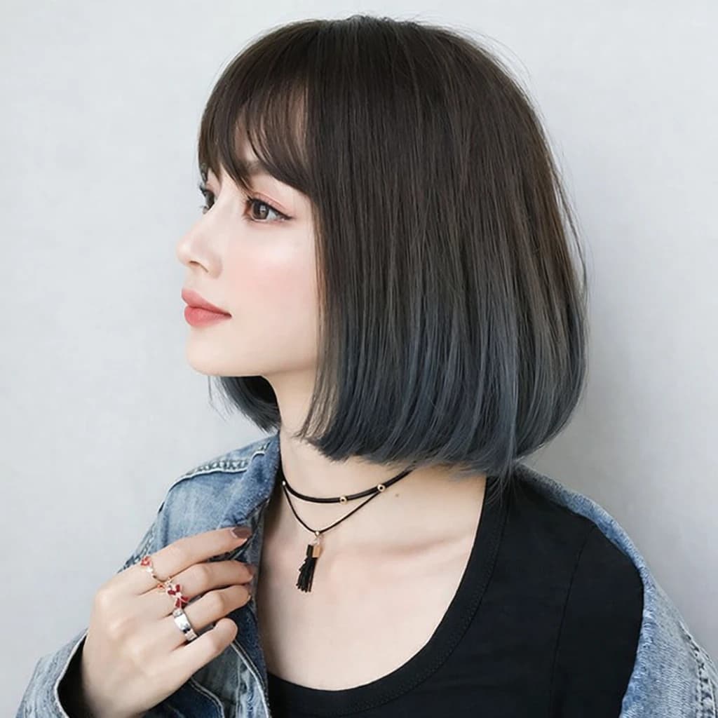 Short Bob Wig – Dark brown with blue ends and bangs, synthetic wig for women.  