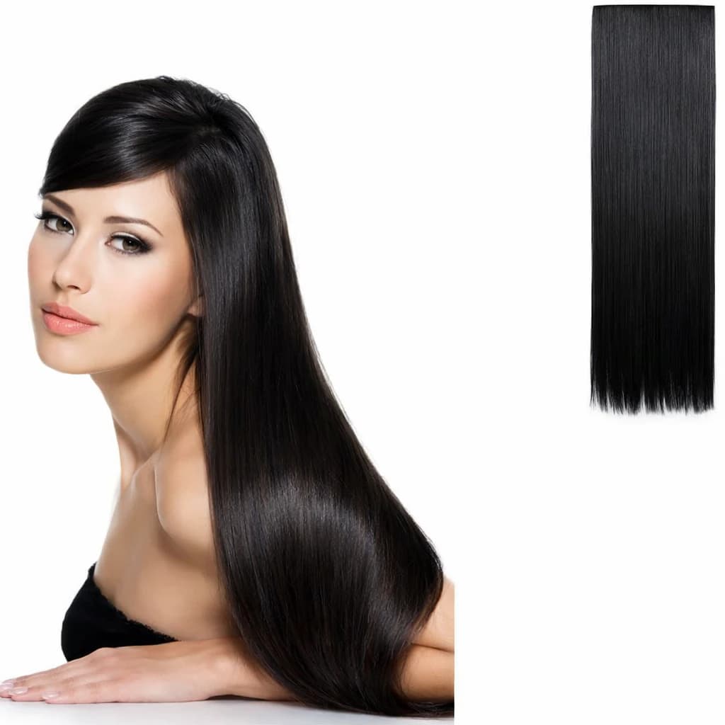 Synthetic Hair Extension – Black, long straight hair, 1 piece.  