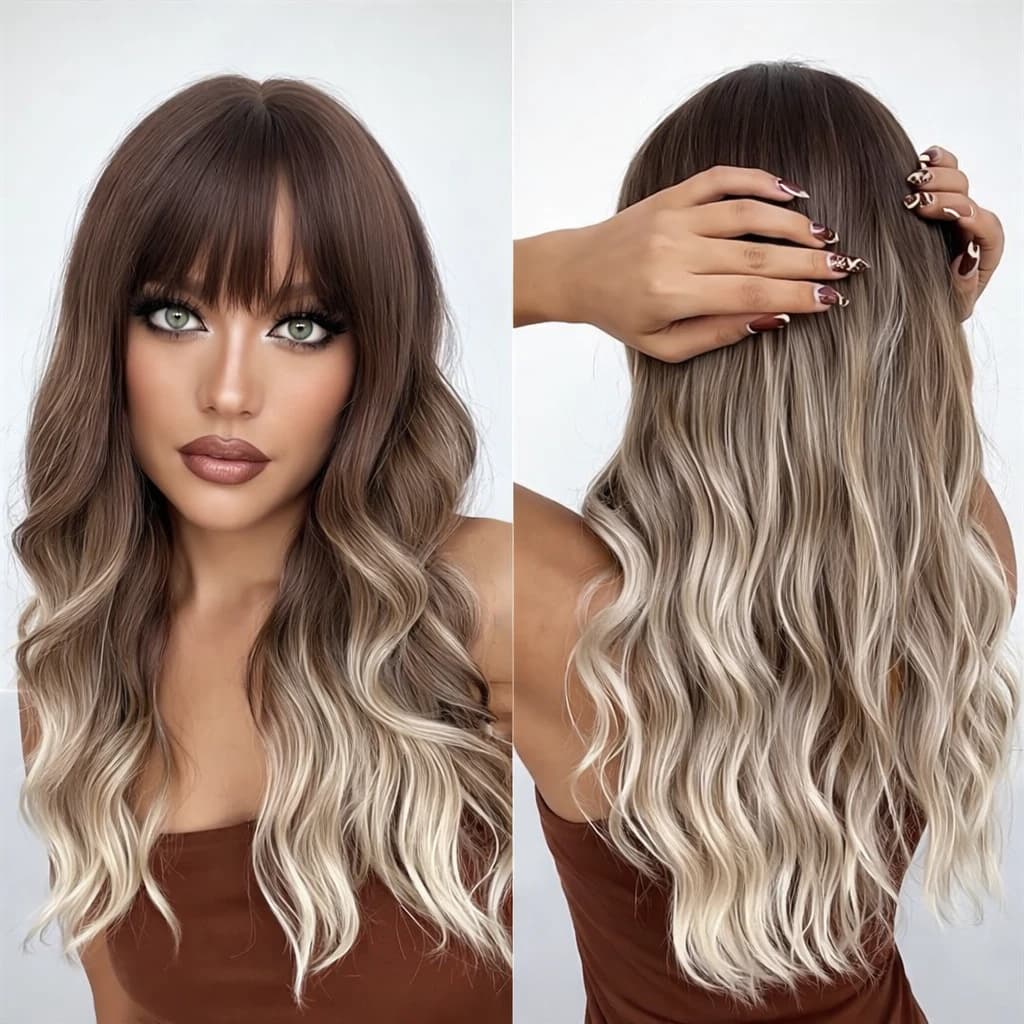Long Wavy Wig with Bangs – Ombre brown to blonde synthetic hair wig for women.  