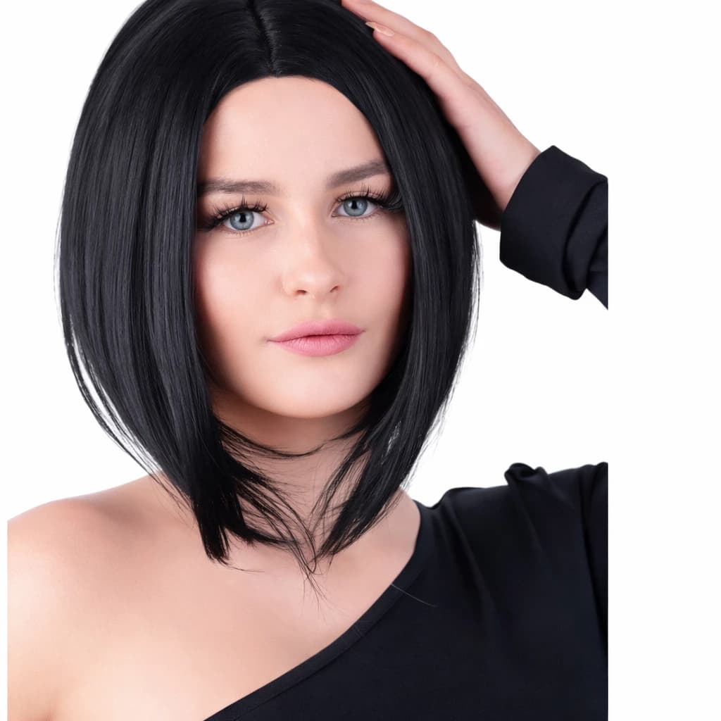 Short Bob Wig – Black, straight medium-length hair, fashion style.  