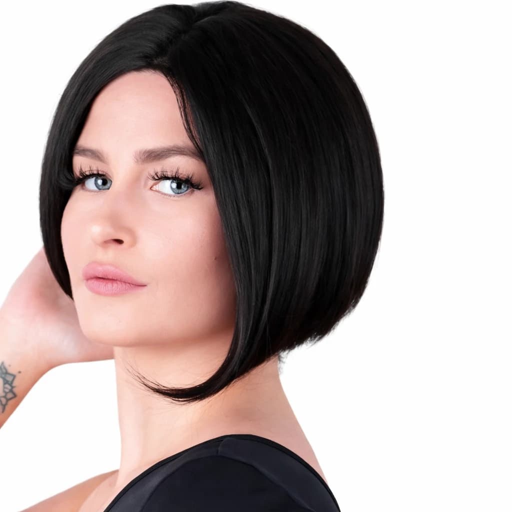 Short Bob Wig – Black, straight medium-length hair, fashion style.  