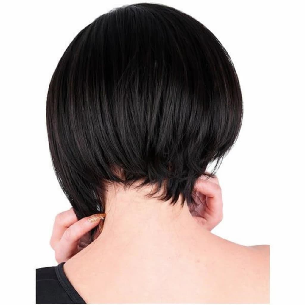 Short Bob Wig – Black, straight medium-length hair, fashion style.  