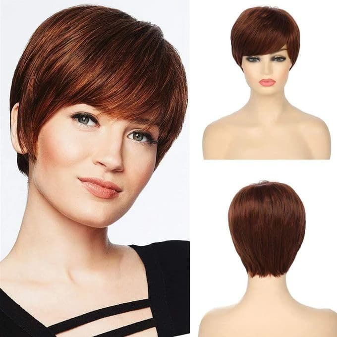 Short Pixie Cut Wig – Reddish brown synthetic wig with side bangs for women.  