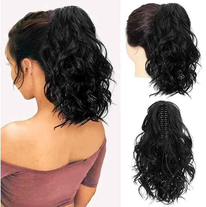 Synthetic Ponytail Clip – Black wavy hair approx. 35cm, for women.  