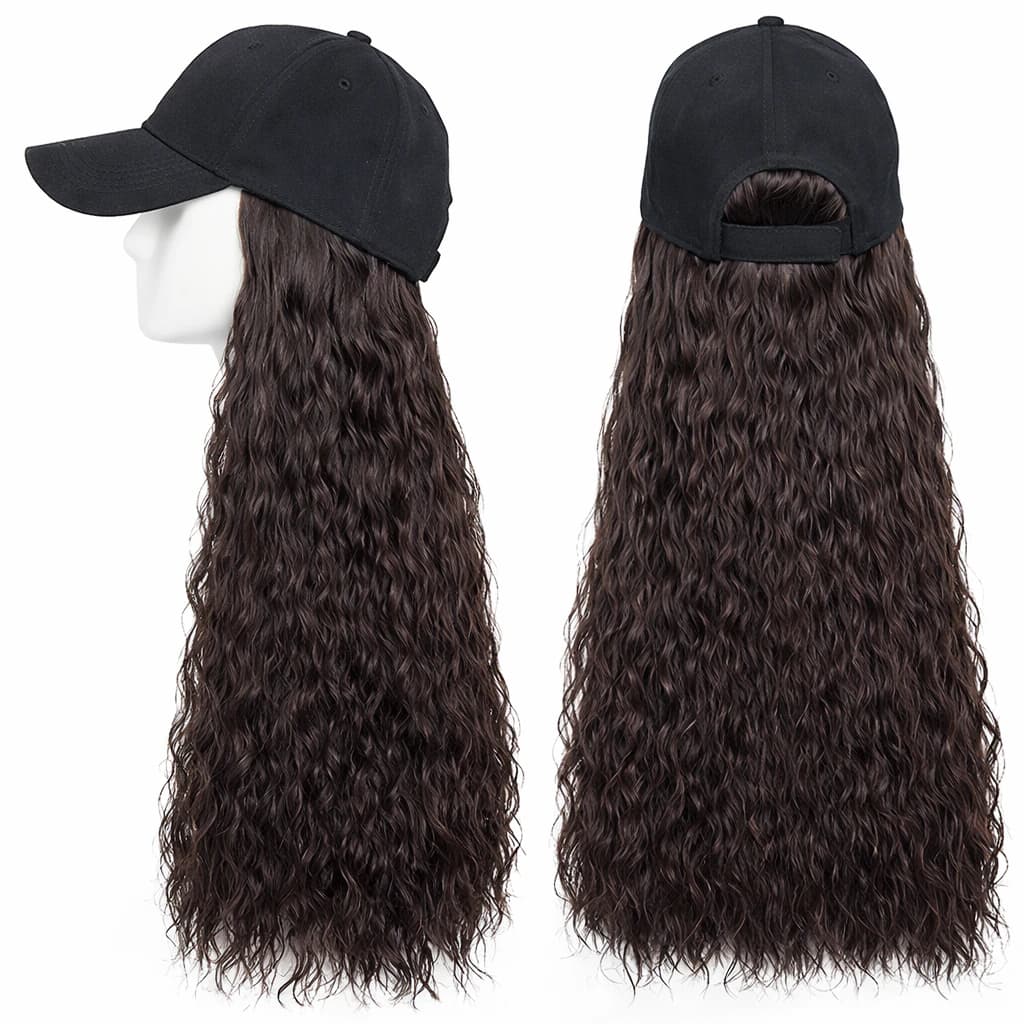 Baseball Cap with Long Curly Wig – Black synthetic hair attached to hat.  