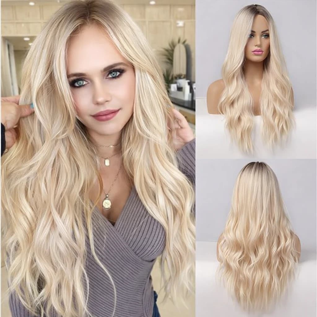 Long Wavy Wig for Women – Blonde synthetic wig with dark roots, natural looking.
