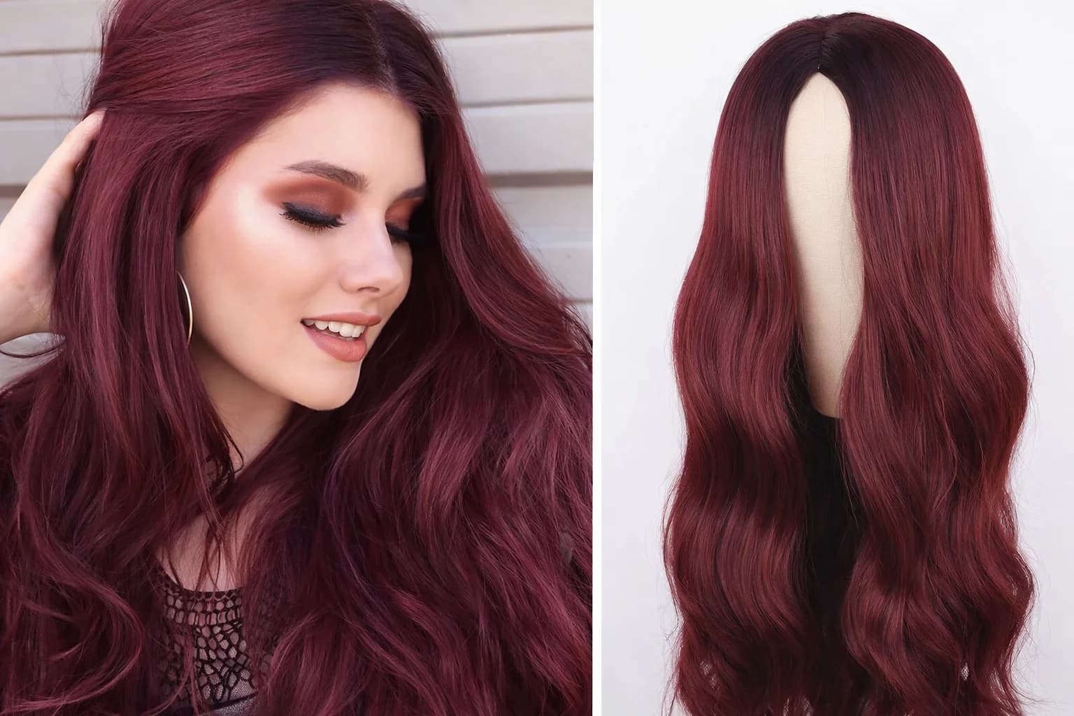 Burgundy Red Long Wavy Wig for Women.  