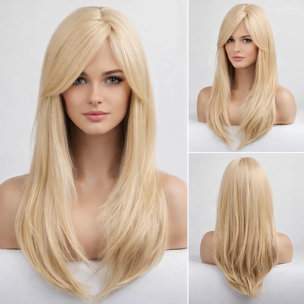 Long Blonde Wig with Side Bangs Ombre Straight Wig  