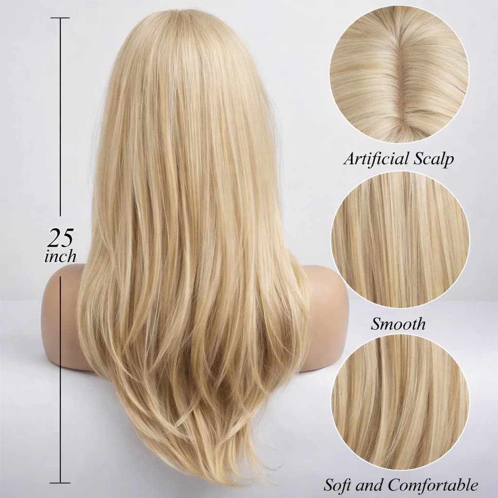 Long Blonde Wig with Side Bangs Ombre Straight Wig  