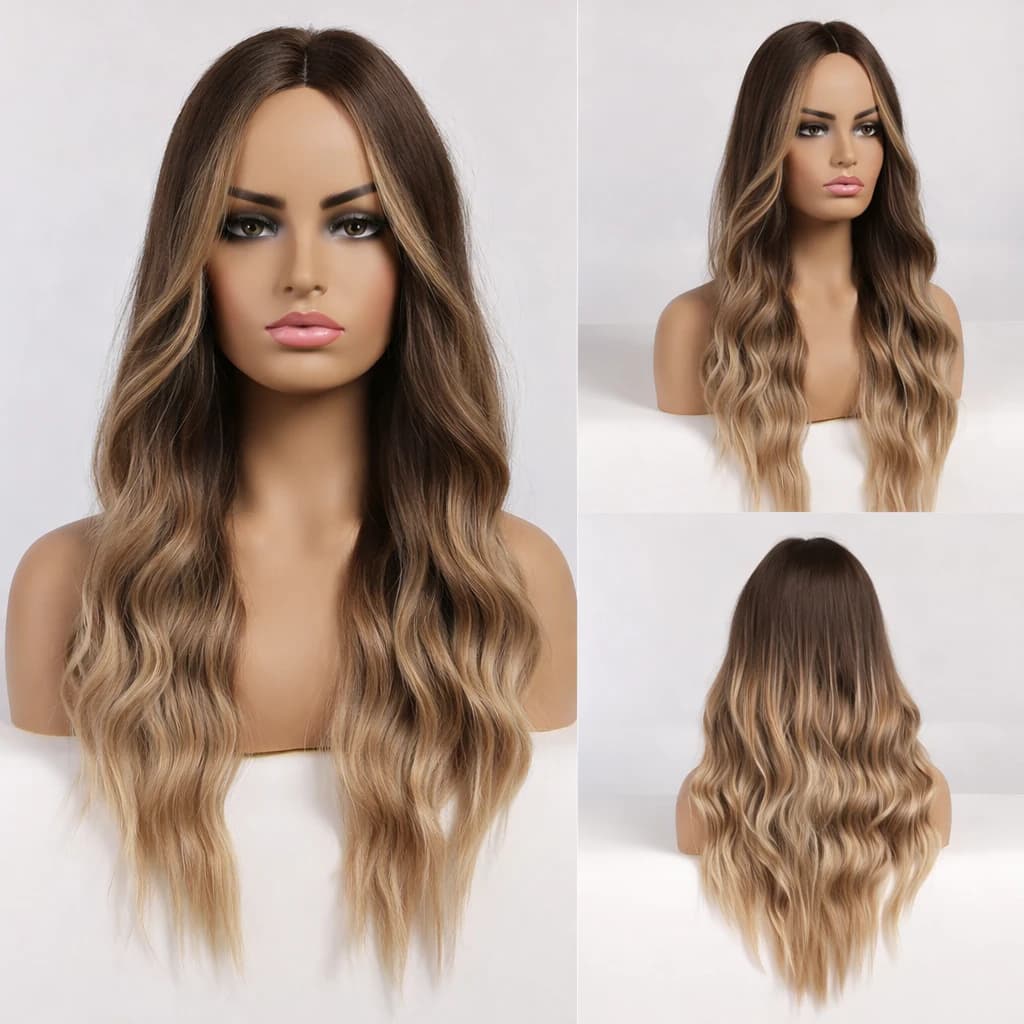 Long Wavy Brown Ombre Blonde Wig – Synthetic Wig for Women, Stylish Long Ombre 