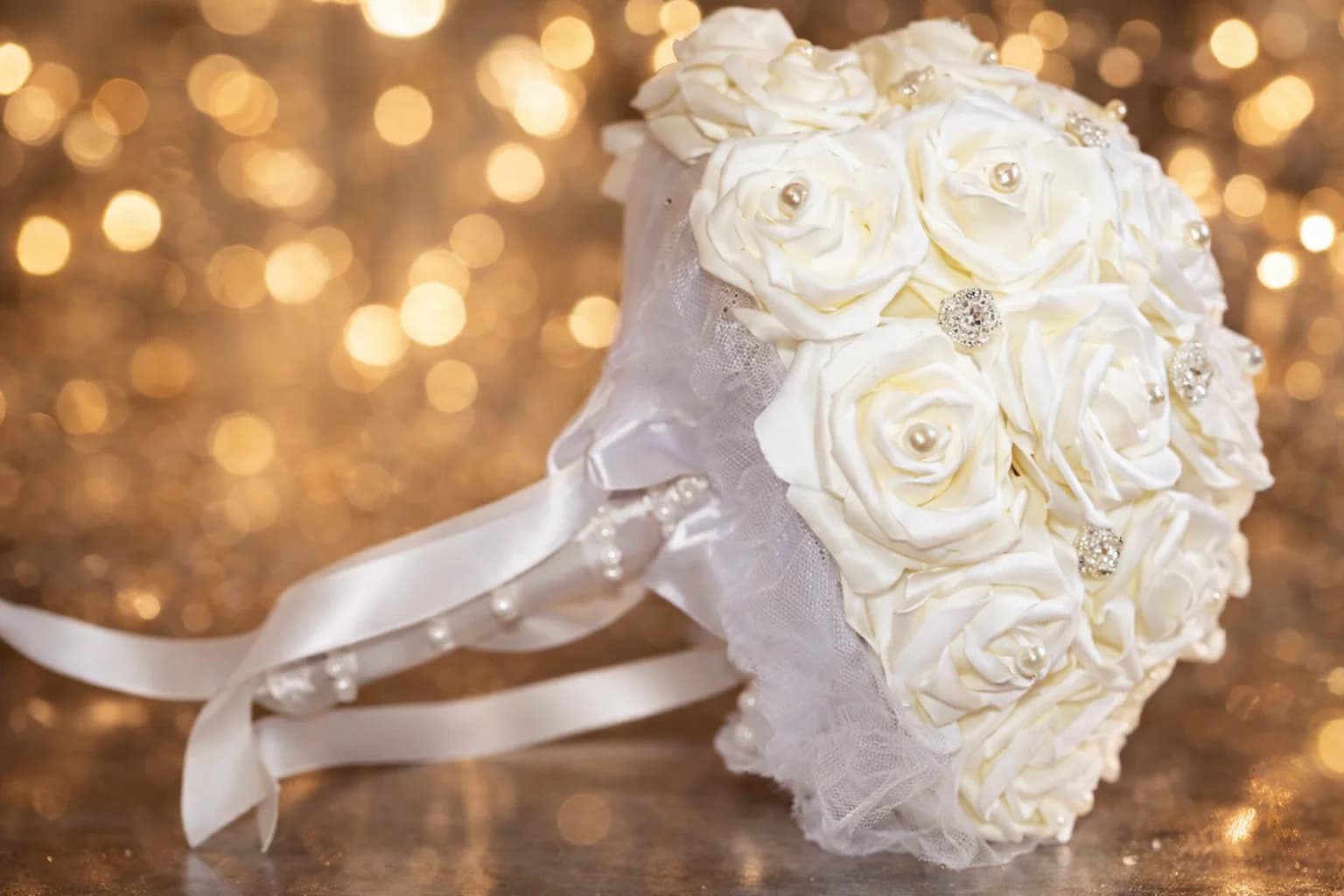 White Wedding Bouquet – Artificial Roses with Crystal, Elegant Satin Ribbon