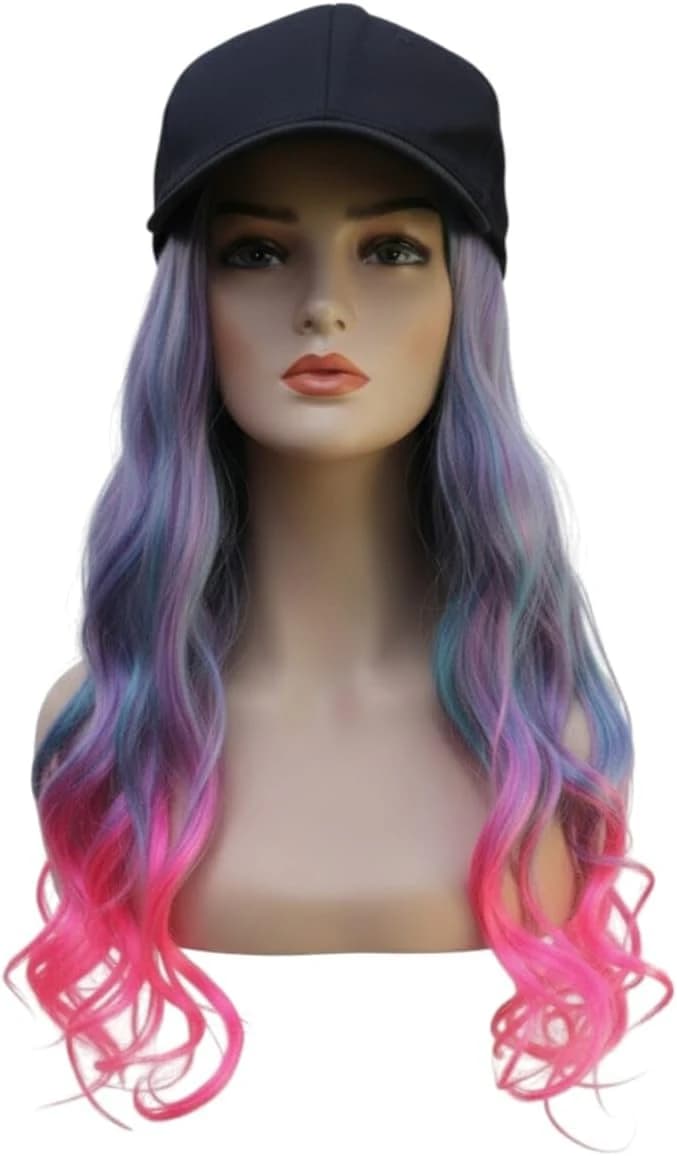 Baseball Cap Wig Long Wavy Ombre Blue Pink Purple Wig Black Cap