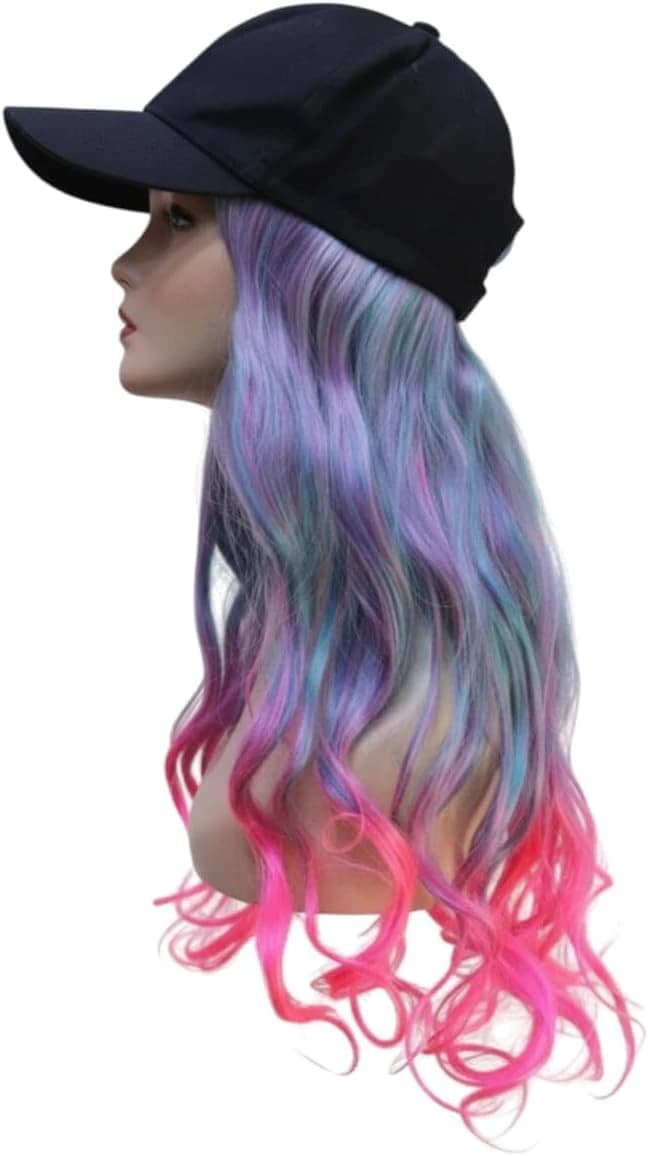 Baseball Cap Wig Long Wavy Ombre Blue Pink Purple Wig Black Cap
