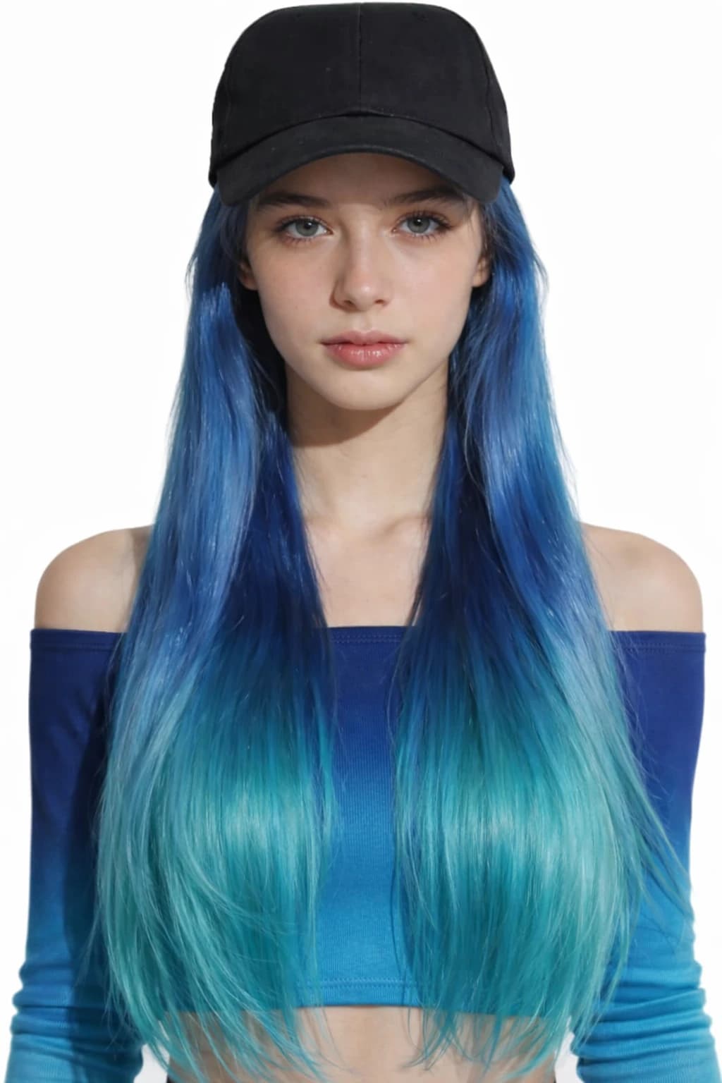 Long Ombre Blue Green Wig Synthetic Full Length Wig with Black Cap