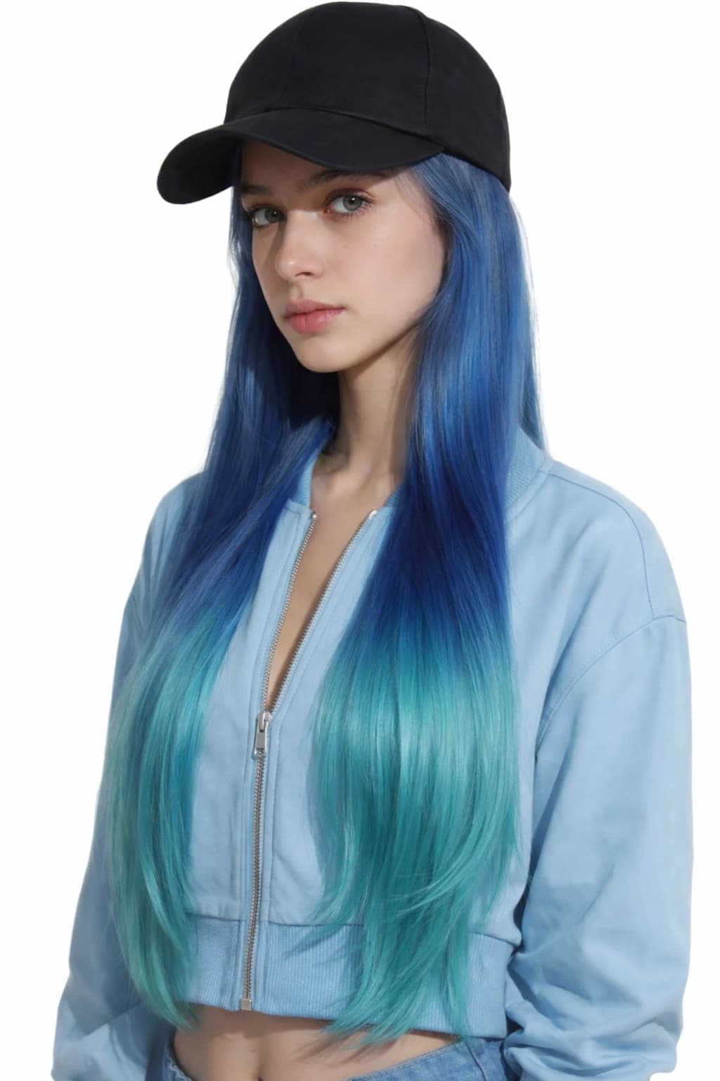 Long Ombre Blue Green Wig Synthetic Full Length Wig with Black Cap