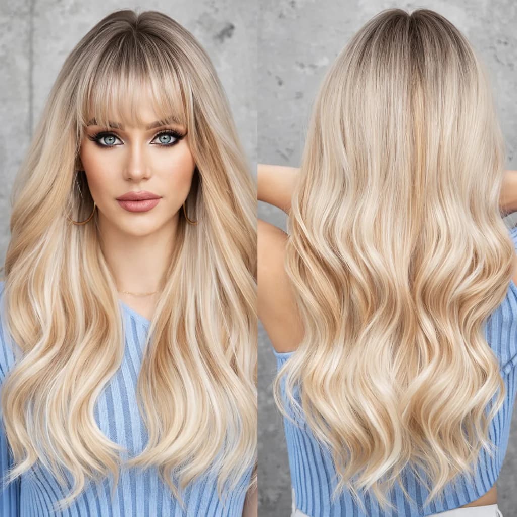 Long Wavy Blonde Wig with Bangs Platinum Synthetic Hair with Dark Roots Ombre