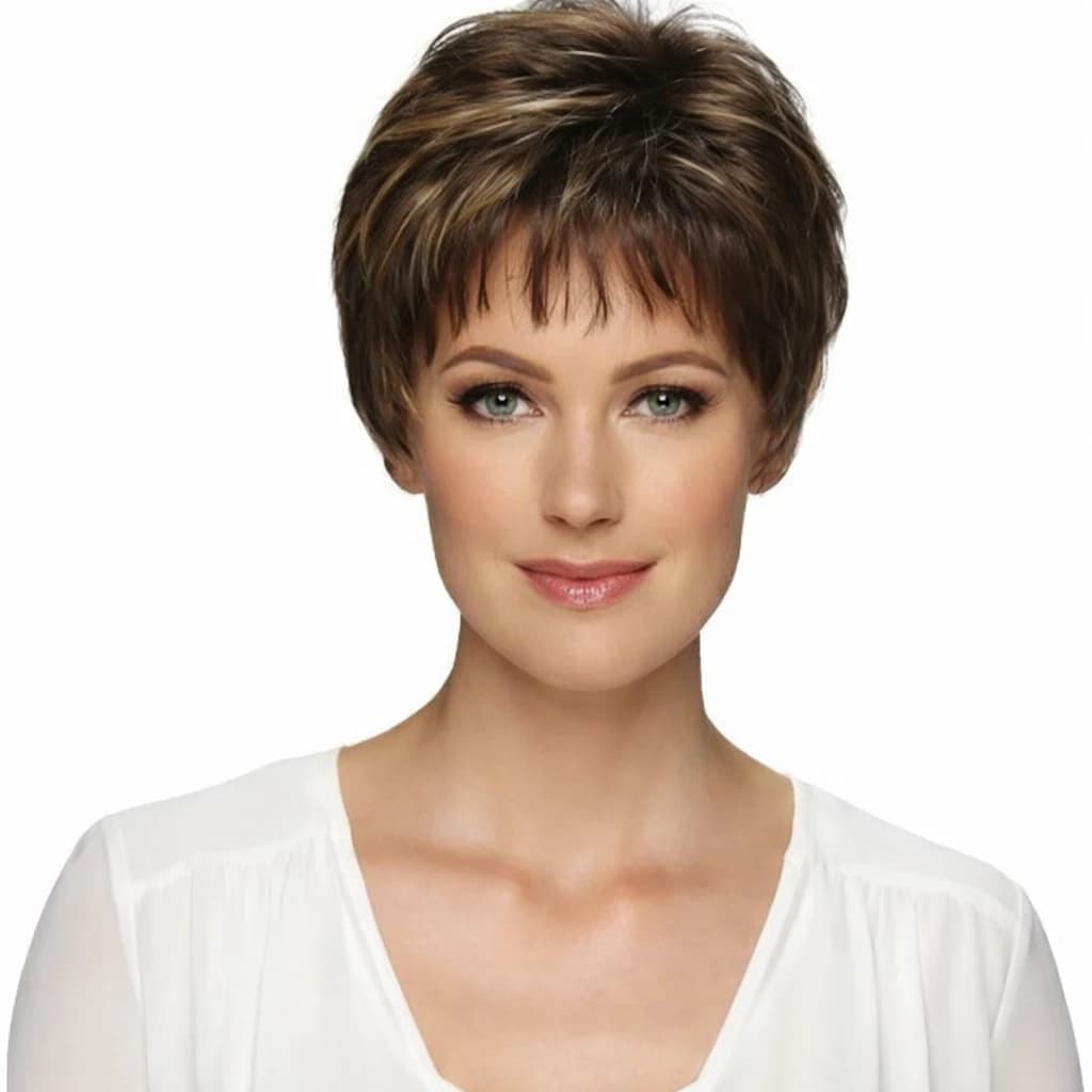 Women's Short Wig Brown with Golden Highlights Synthetic Wig Pixie Cut