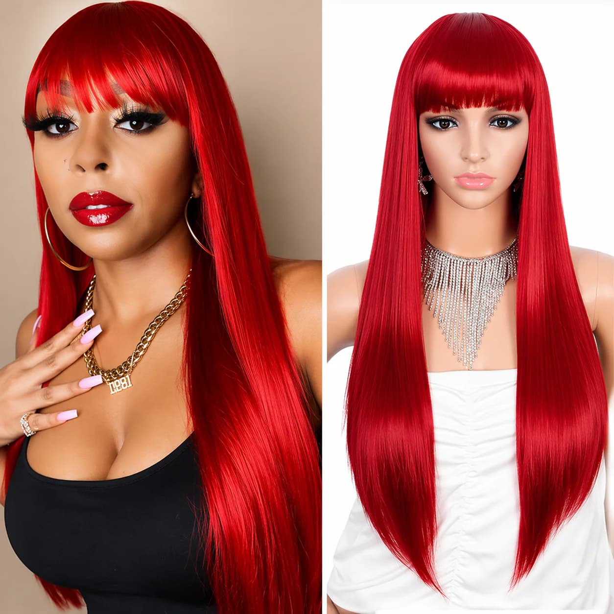 Long Straight Wig with Bangs Red Color Synthetic Hair Wigs for Women