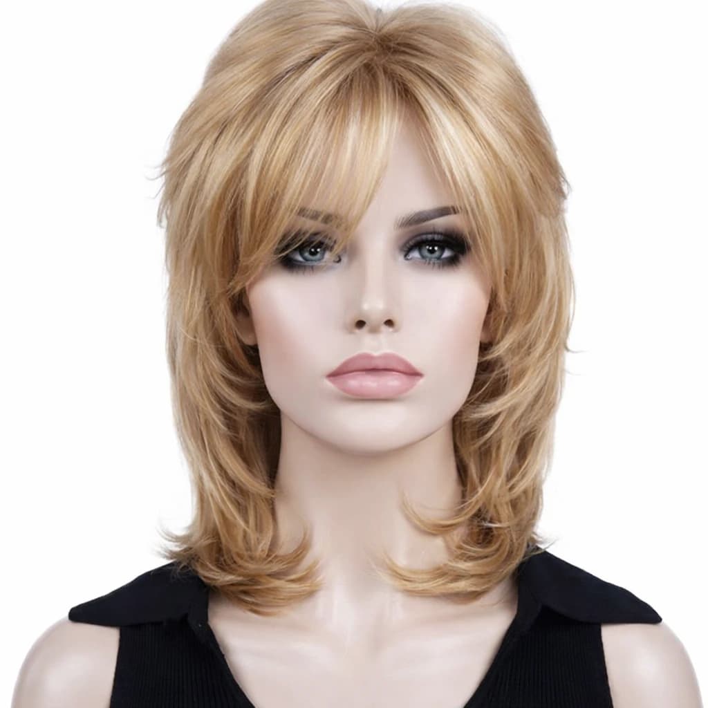 Women's Wig Medium Length Blonde Wig with Bangs Layered Classic Style