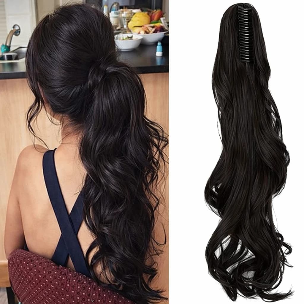 Clip on Synthetic Ponytail Long Wavy Hair Black